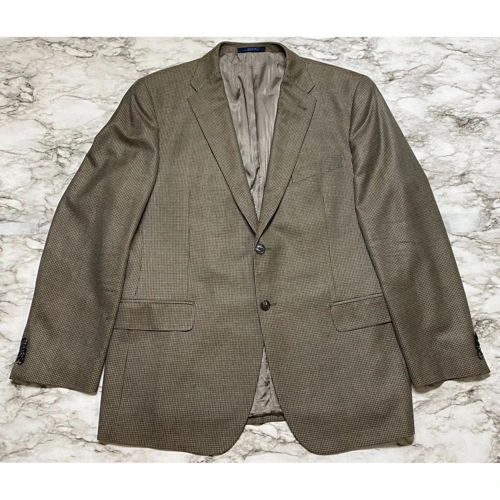 Joseph Abboud Mens Coat Jacket Size 44R Silk Wool Brown Beige Check‎ USA Made